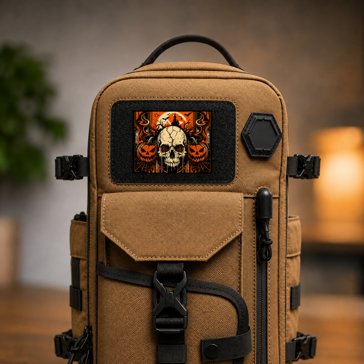 Haunted Skull & Pumpkins – Leatherette Morale Patch — in use