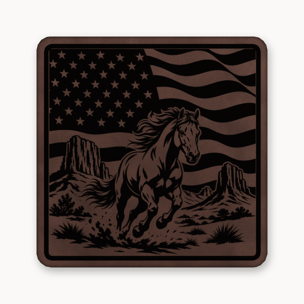 Western American Flag Horse – Leatherette Morale Patch — Classic Light Brown