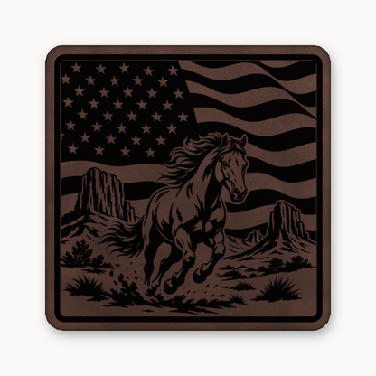 Western American Flag Horse – Leatherette Morale Patch — Classic Light Brown