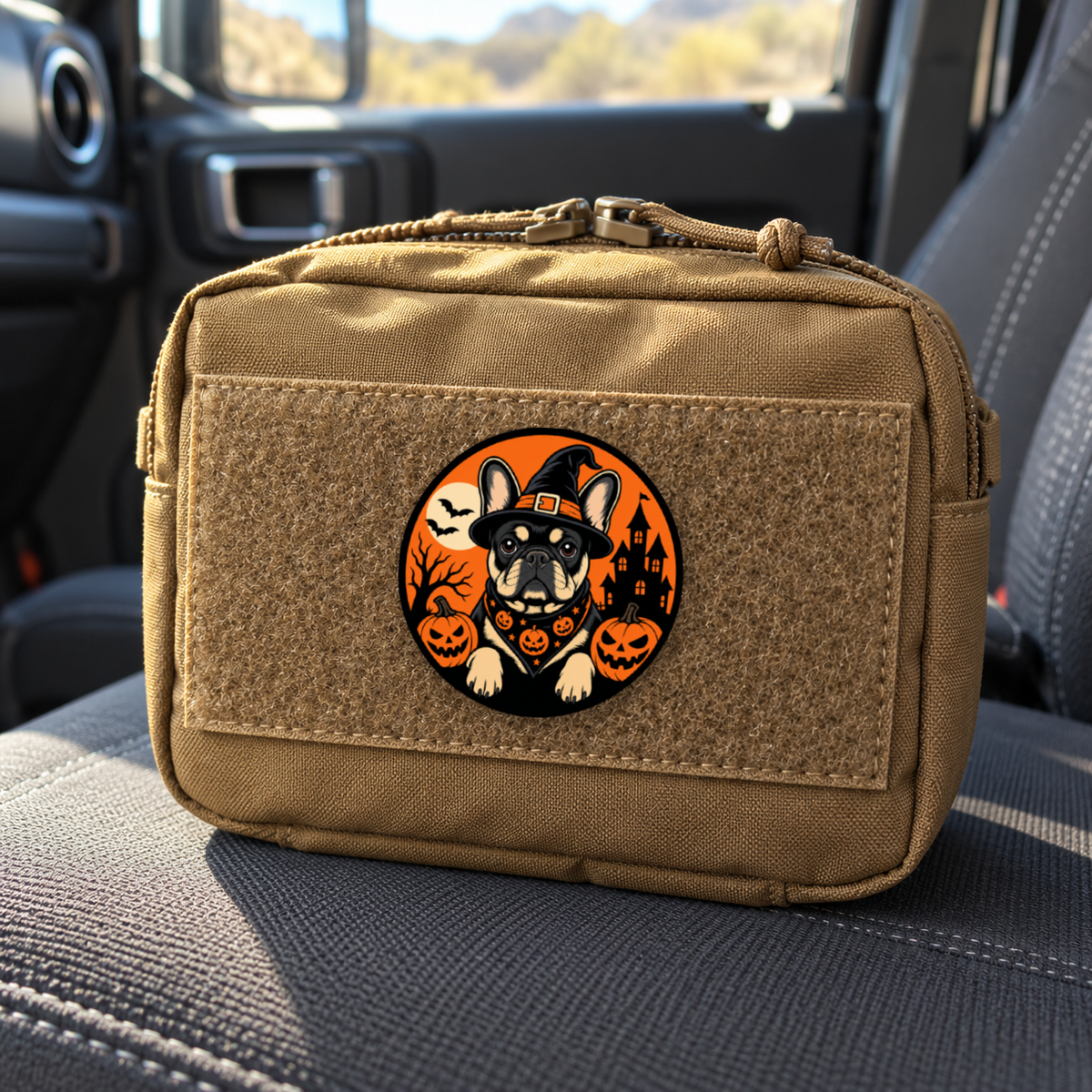 Halloween Frenchie – Leatherette Morale Patch — in use