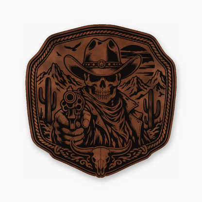 Western Skull Cowboy Revolver Buckle – Leatherette Morale Patch — Chestnut Saddle Brown