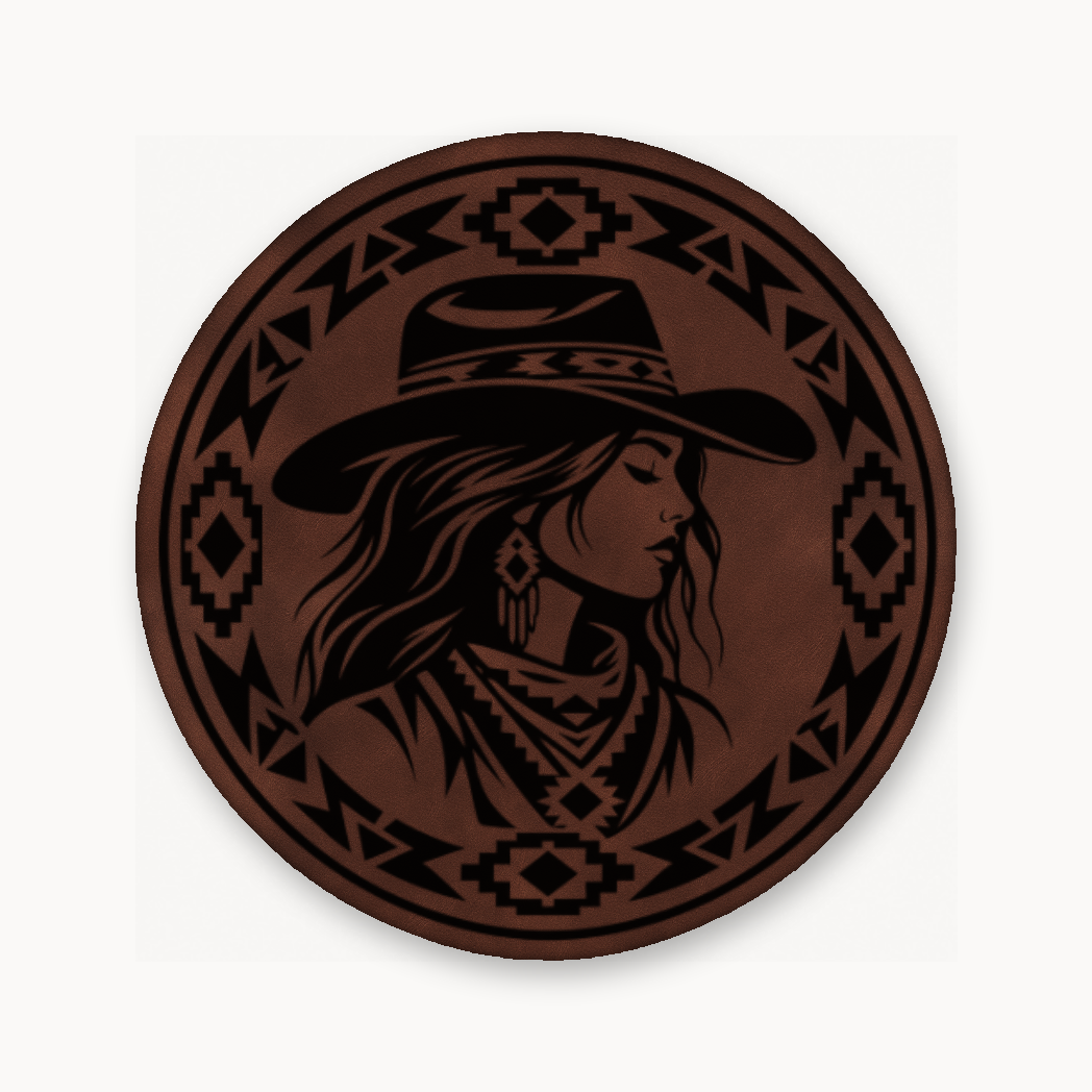 Western Tribal Cowgirl – Leatherette Morale Patch — Dark Saddle Brown