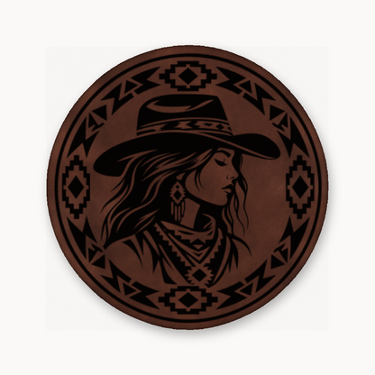 Western Tribal Cowgirl – Leatherette Morale Patch — Dark Saddle Brown