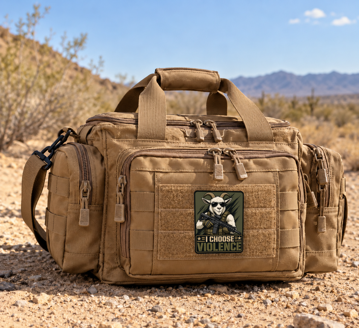 I Choose Violence Goat – Leatherette Morale Patch — in use