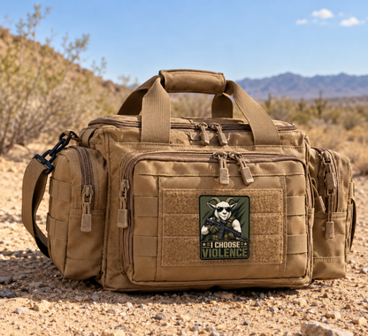 I Choose Violence Goat – Leatherette Morale Patch — in use