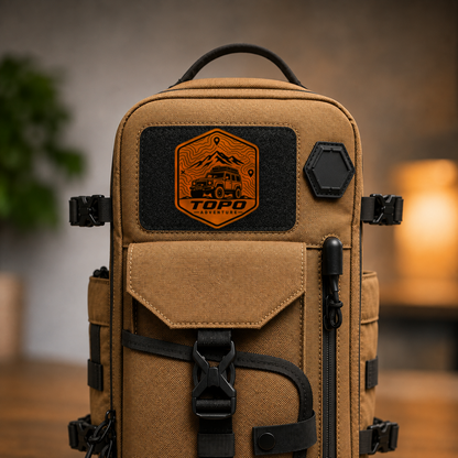 Topo Adventure Badge – Leatherette Morale Patch — in use