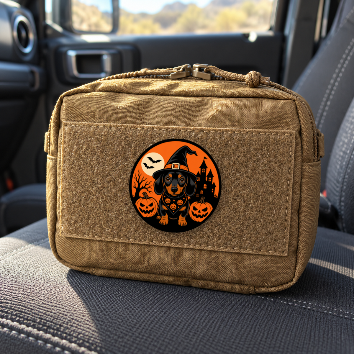 Halloween Dashshund Mini – Leatherette Morale Patch — in use