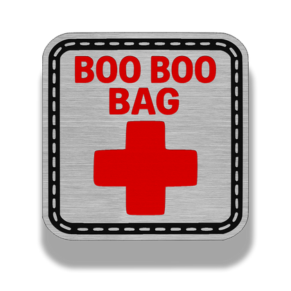 Boo Boo Bag lifetime patch in silver stainless with red backing