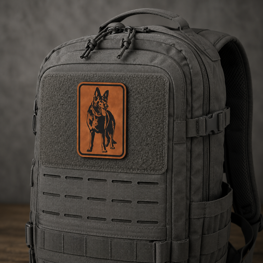 Custom pet portrait patch mounted on backpack