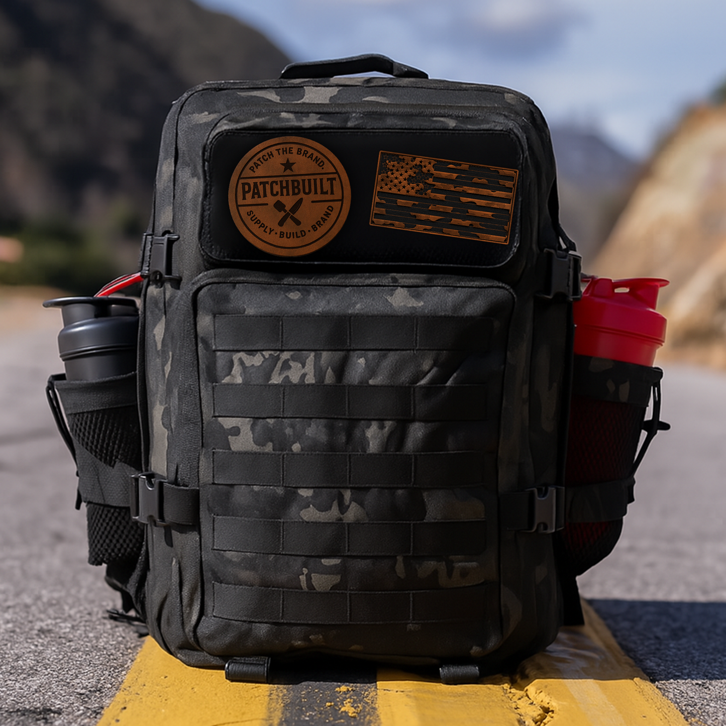 Tactical Camo American Flag patch mounted on a tactical backpack