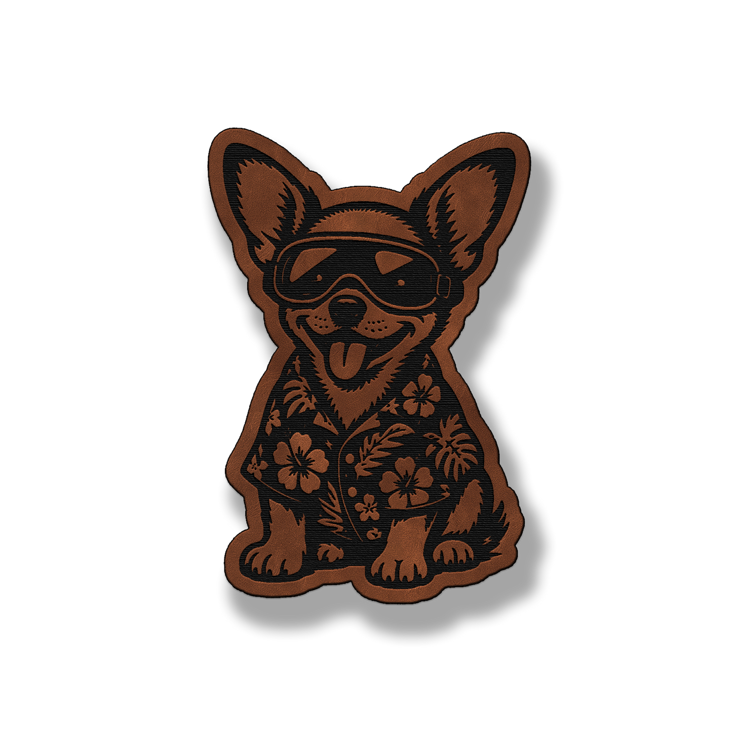 Beach Chihuahua dog leatherette morale patch in saddle chestnut