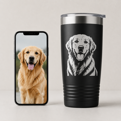 Custom Pet Portrait Tumbler – 20oz Laser Engraved Stainless Steel Cup