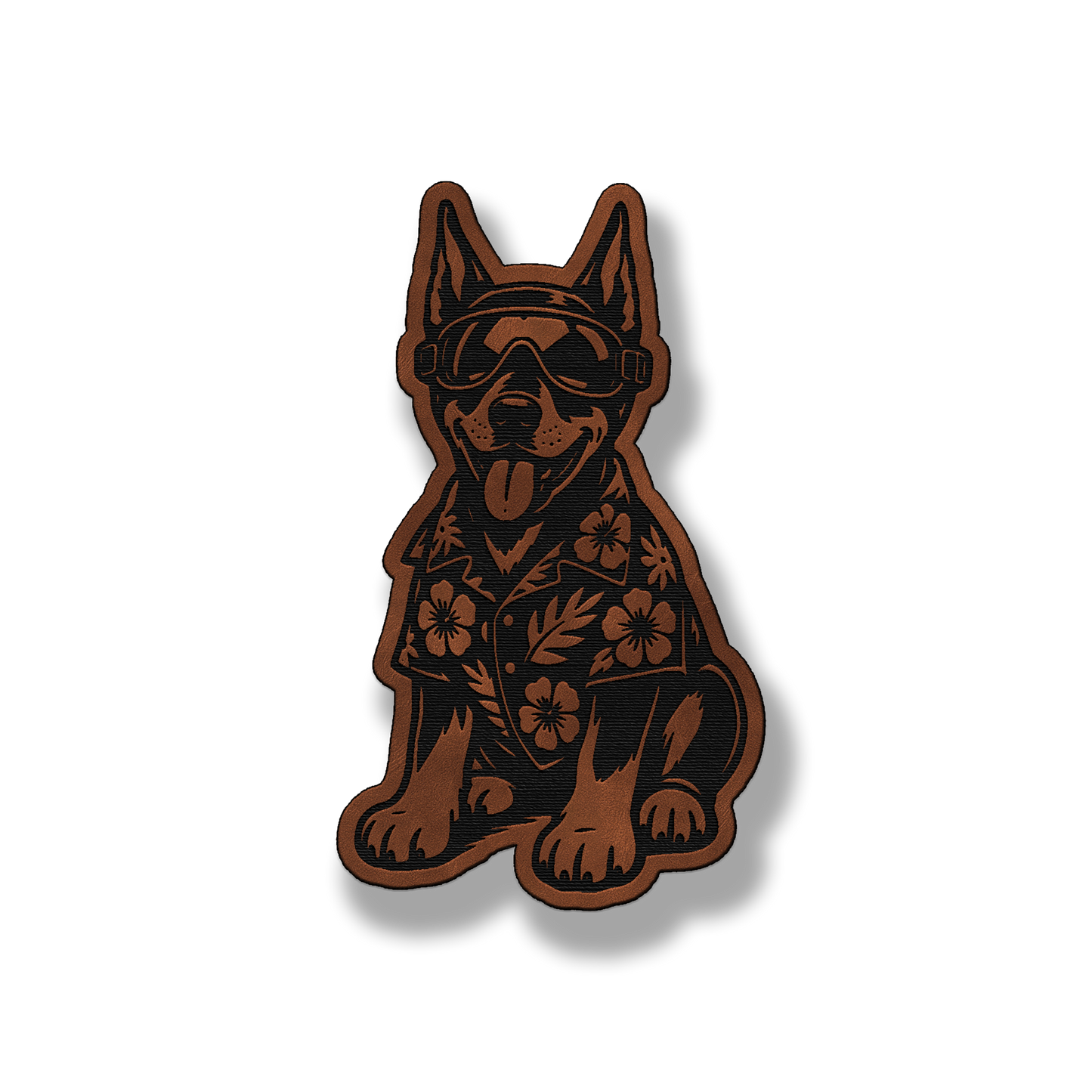 Beach Doberman dog leatherette morale patch in saddle chestnut