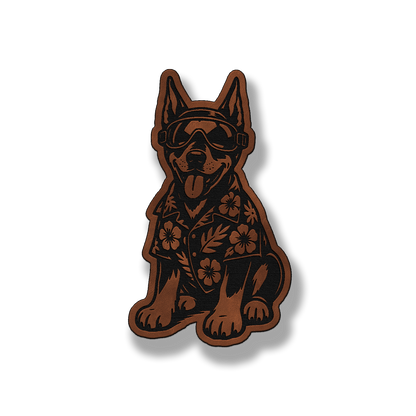 Beach Doberman dog leatherette morale patch in saddle chestnut