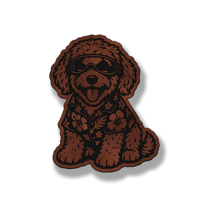 Beach Golden Doodle dog patch in saddle dark brown leatherette