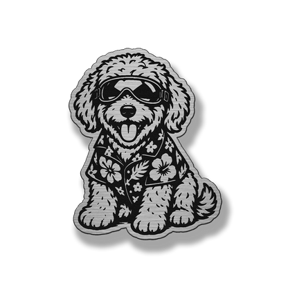 Beach Golden Doodle dog patch in silver acrylic