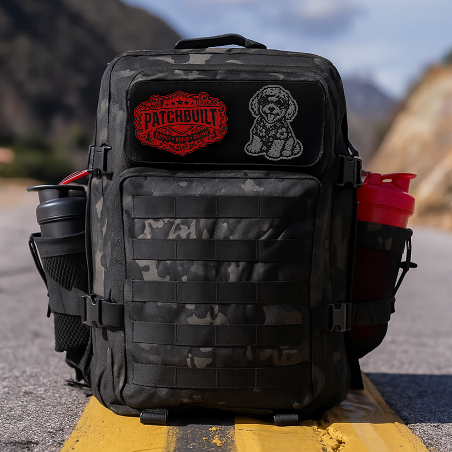 Beach Golden Doodle dog patch mounted on a tactical backpack