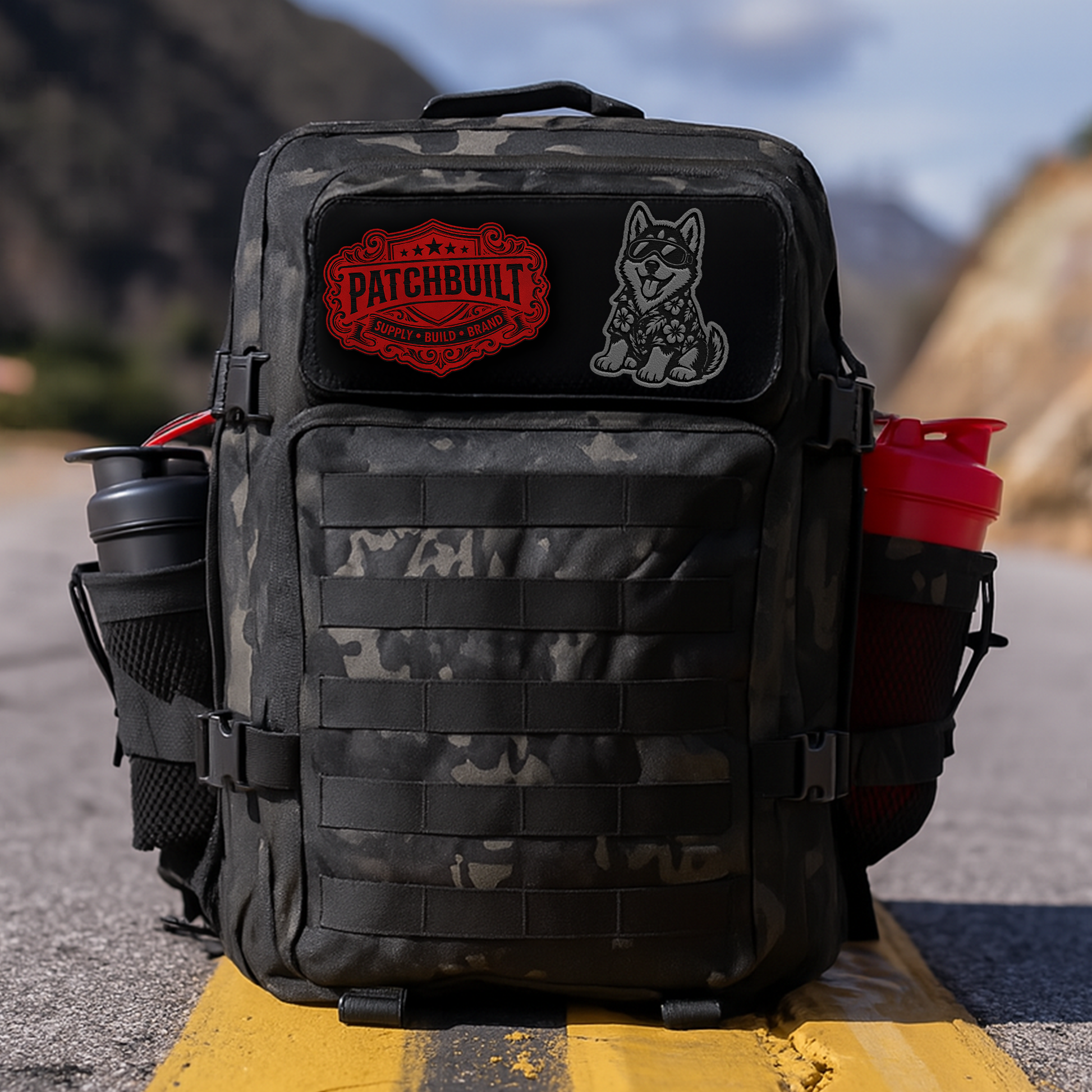 Beach Husky dog patch mounted on a tactical backpack