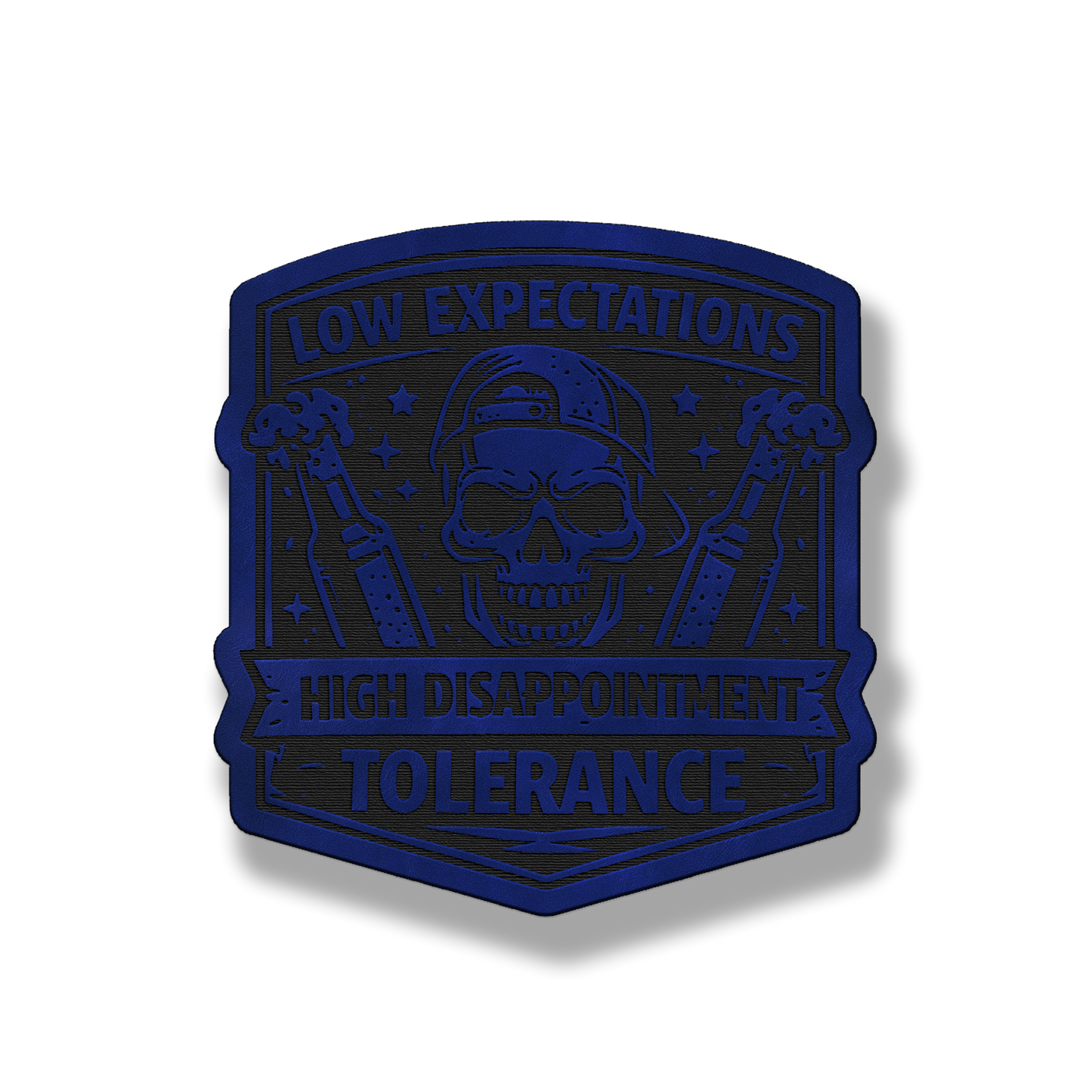 Low Expectations Male patch in saddle blue leatherette