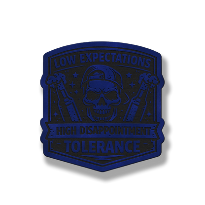 Low Expectations Male patch in saddle blue leatherette