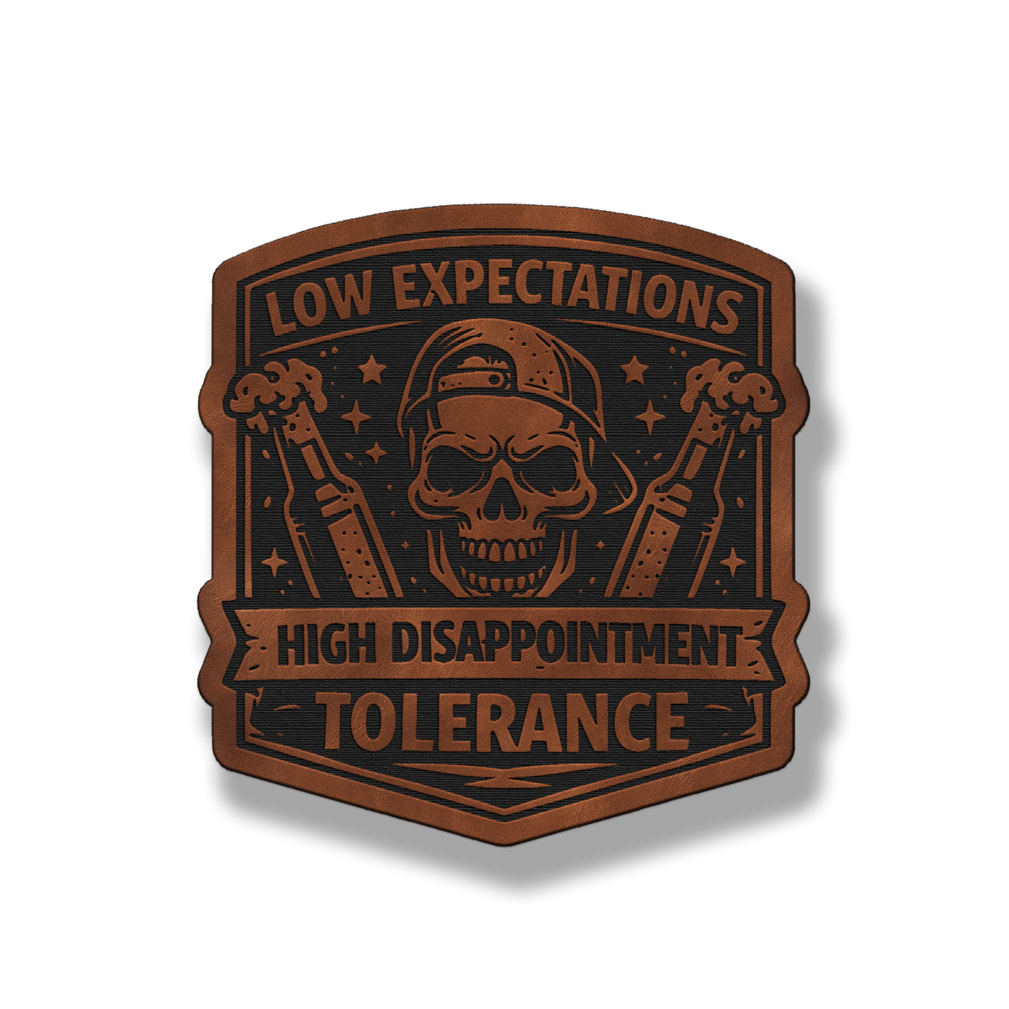 Low Expectations Male leatherette morale patch in saddle chestnut