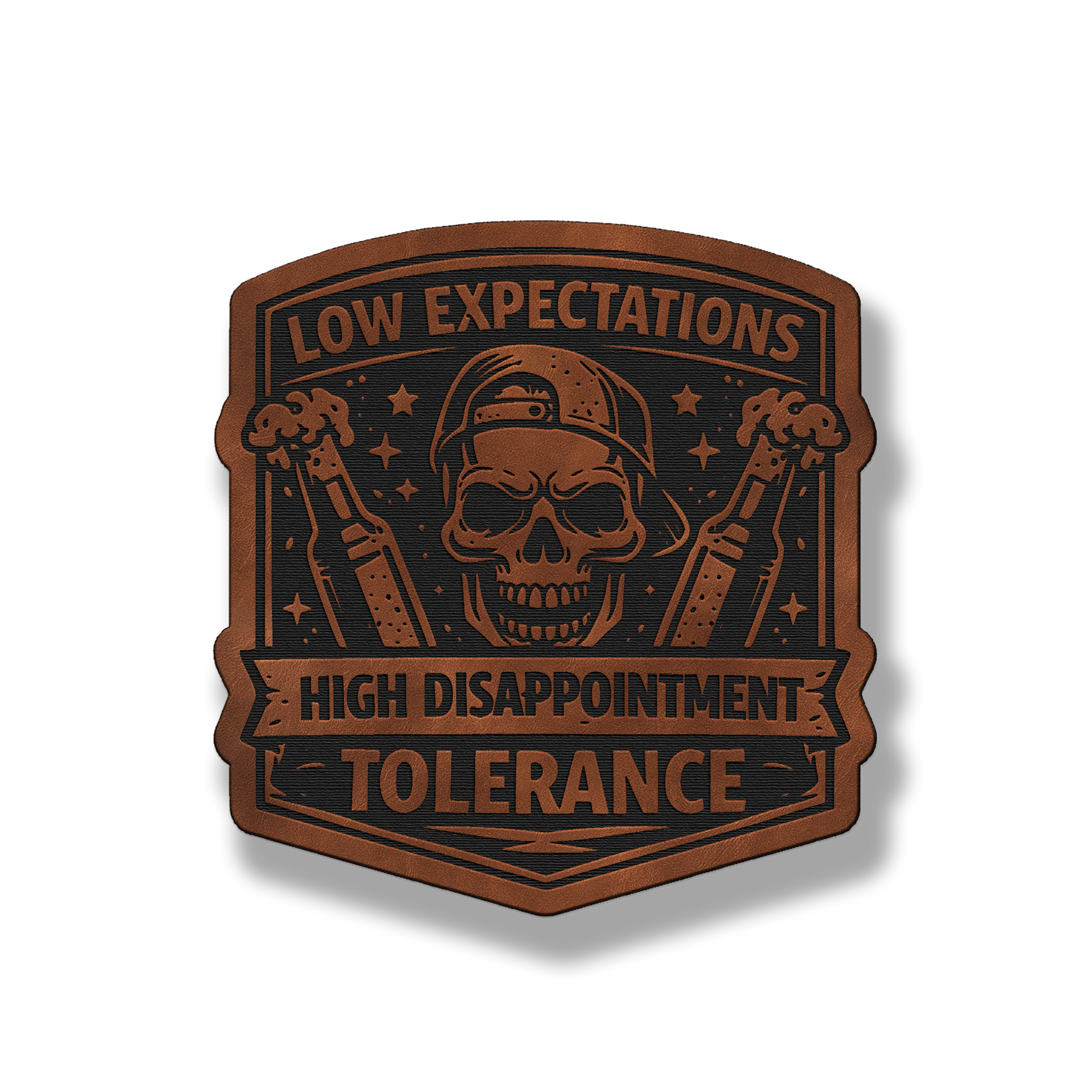 Low Expectations Male leatherette morale patch in saddle chestnut