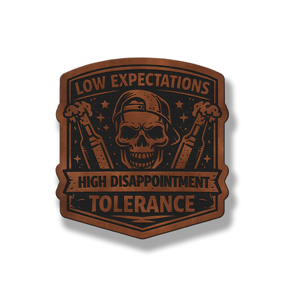 Low Expectations Male leatherette morale patch in saddle chestnut