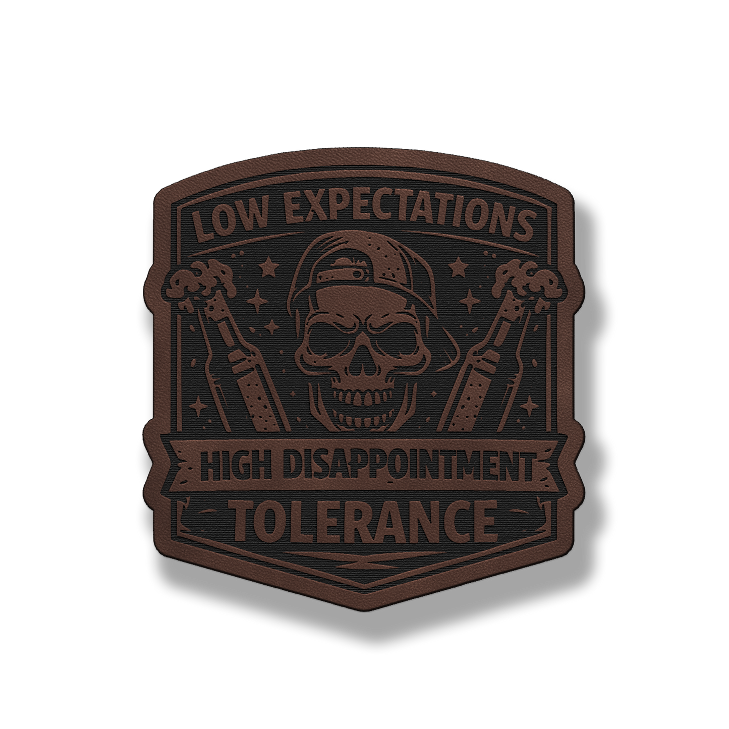 Low Expectations Male patch in classic light brown leatherette