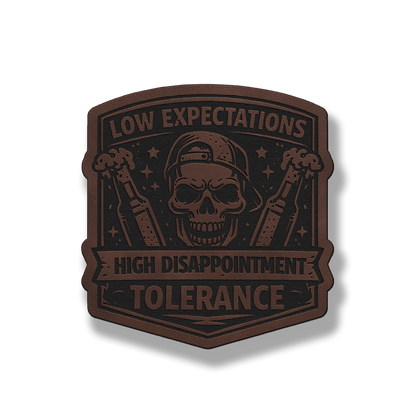 Low Expectations Male patch in classic light brown leatherette