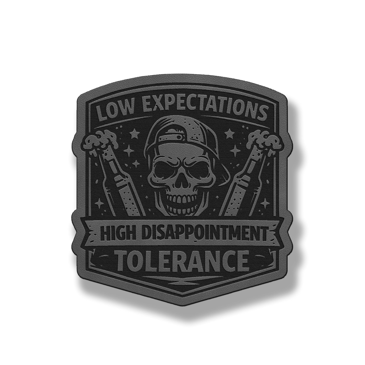 Low Expectations Male patch in classic gray leatherette
