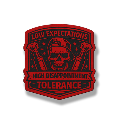 Low Expectations Male patch in classic red leatherette