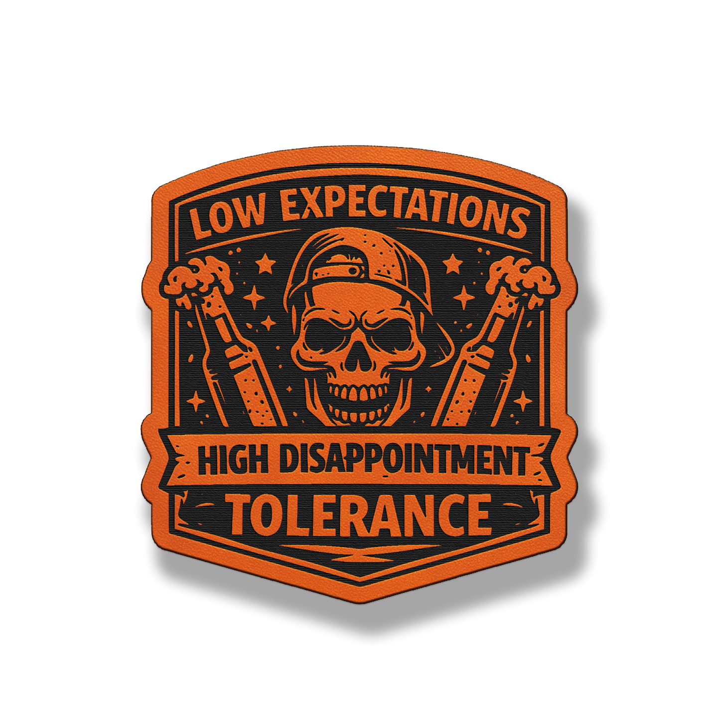Low Expectations Male patch in classic orange leatherette