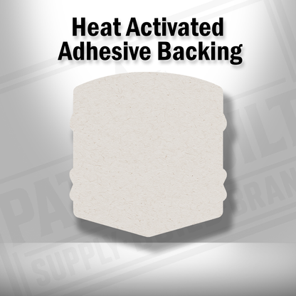 Heat-activated adhesive backing shown on Low Expectations Male patch