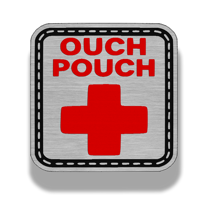 Ouch Pouch lifetime patch in silver stainless with red backing