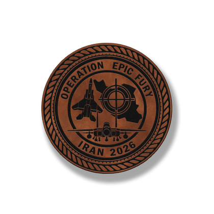 Operation Epic Fury commemorative leatherette morale patch in saddle chestnut