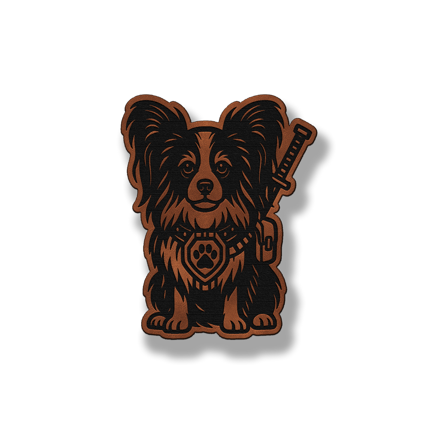 Papillon tactical dog leatherette morale patch in saddle chestnut