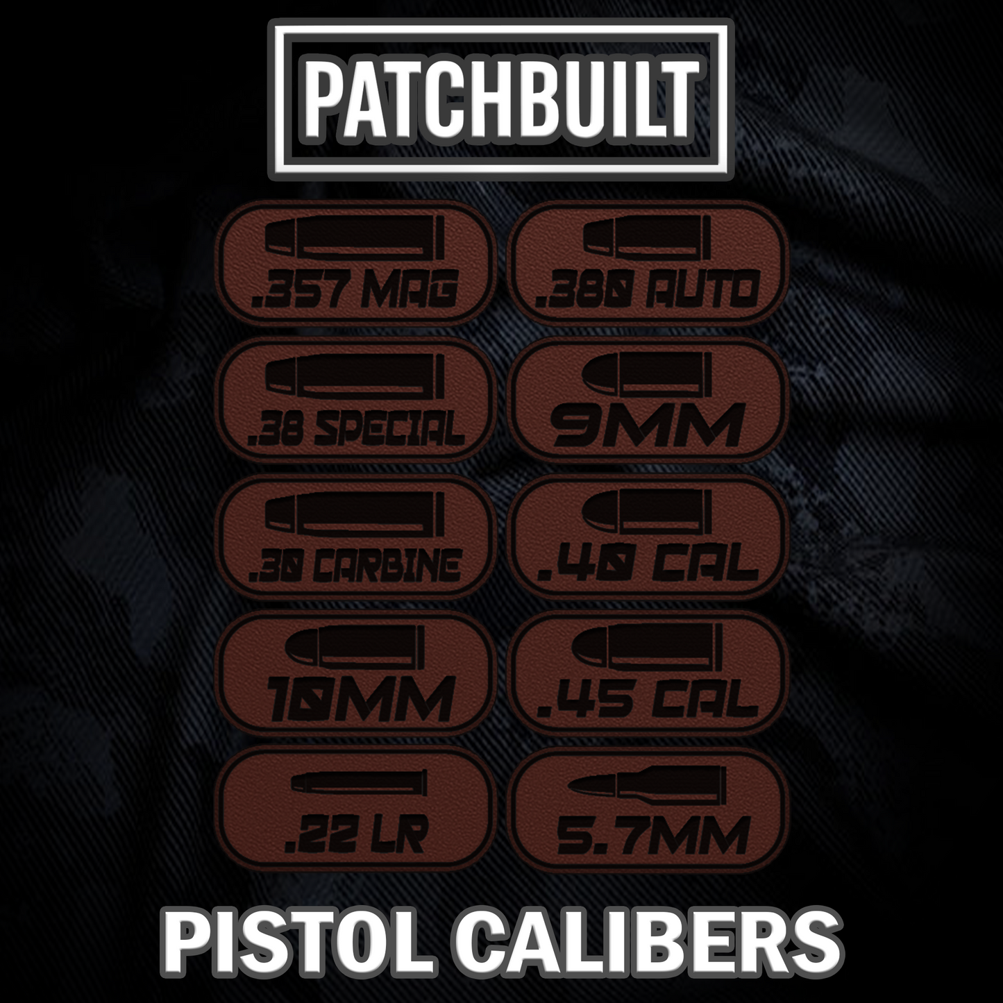 Pistol Caliber Velcro® Patch Tags – Hook Backed with Sticky Loop Mount