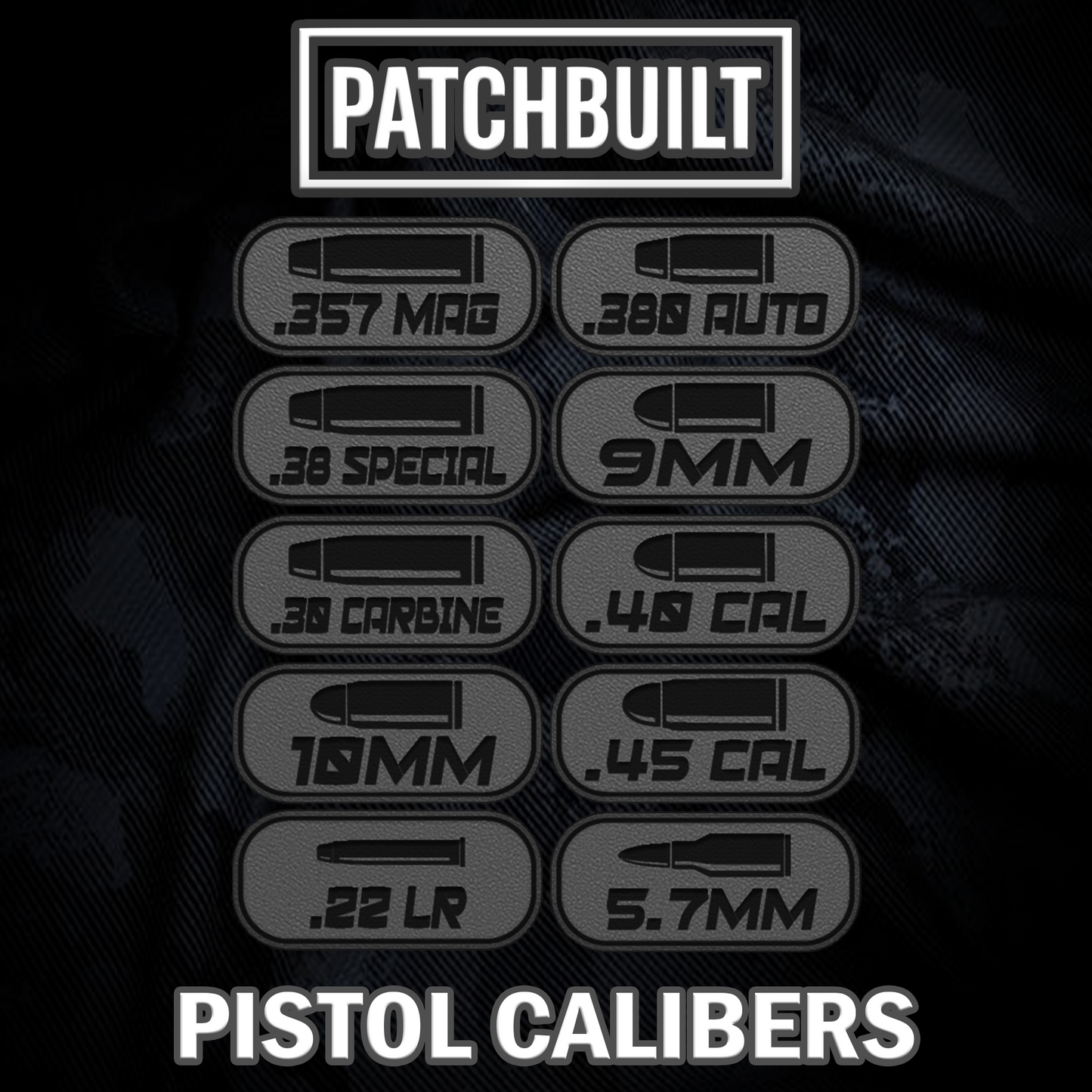 Pistol Caliber Velcro® Patch Tags – Hook Backed with Sticky Loop Mount