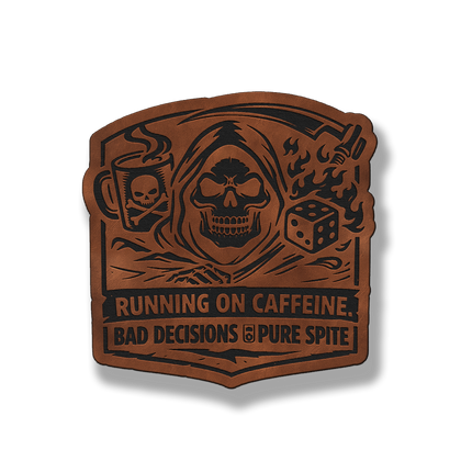 Running on Caffeine Bad Decisions skull leatherette morale patch in saddle chestnut