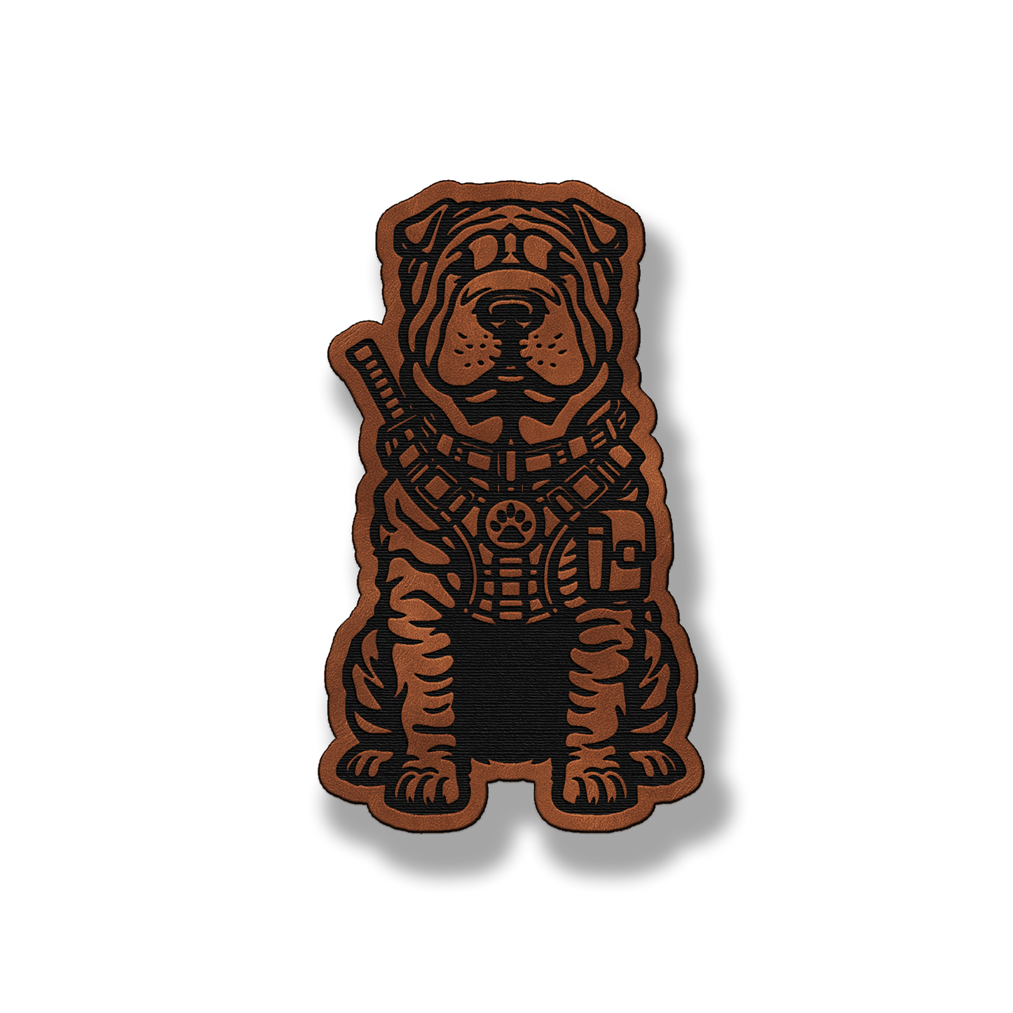 Tactical Shar Pei dog leatherette morale patch in saddle chestnut
