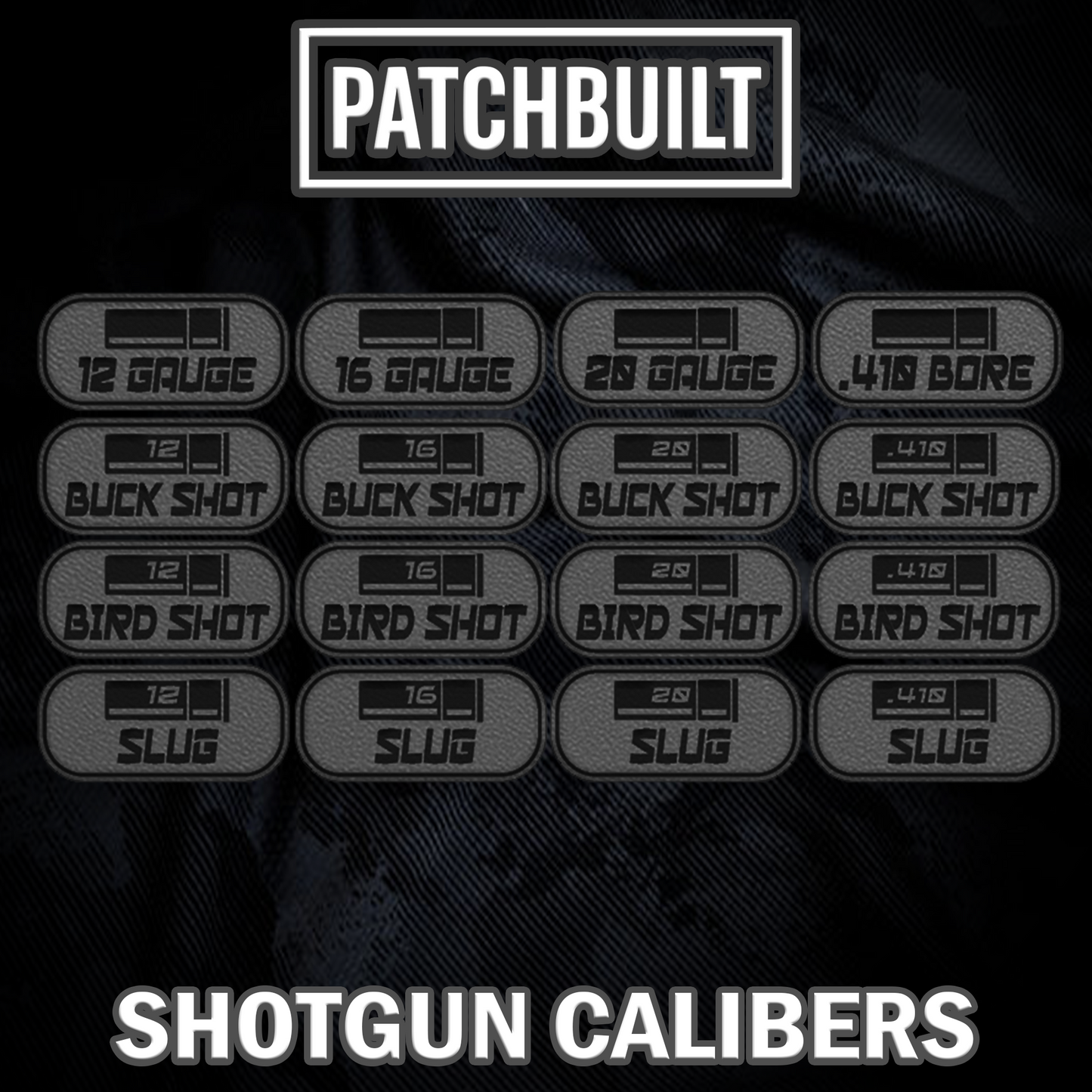 Shotgun Caliber Velcro® Patch Tags (16 Caliber Options) – Sticky Loop Mount Included