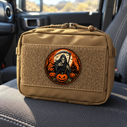 Halloween Reaper & Pumpkins – Leatherette Morale Patch — in use