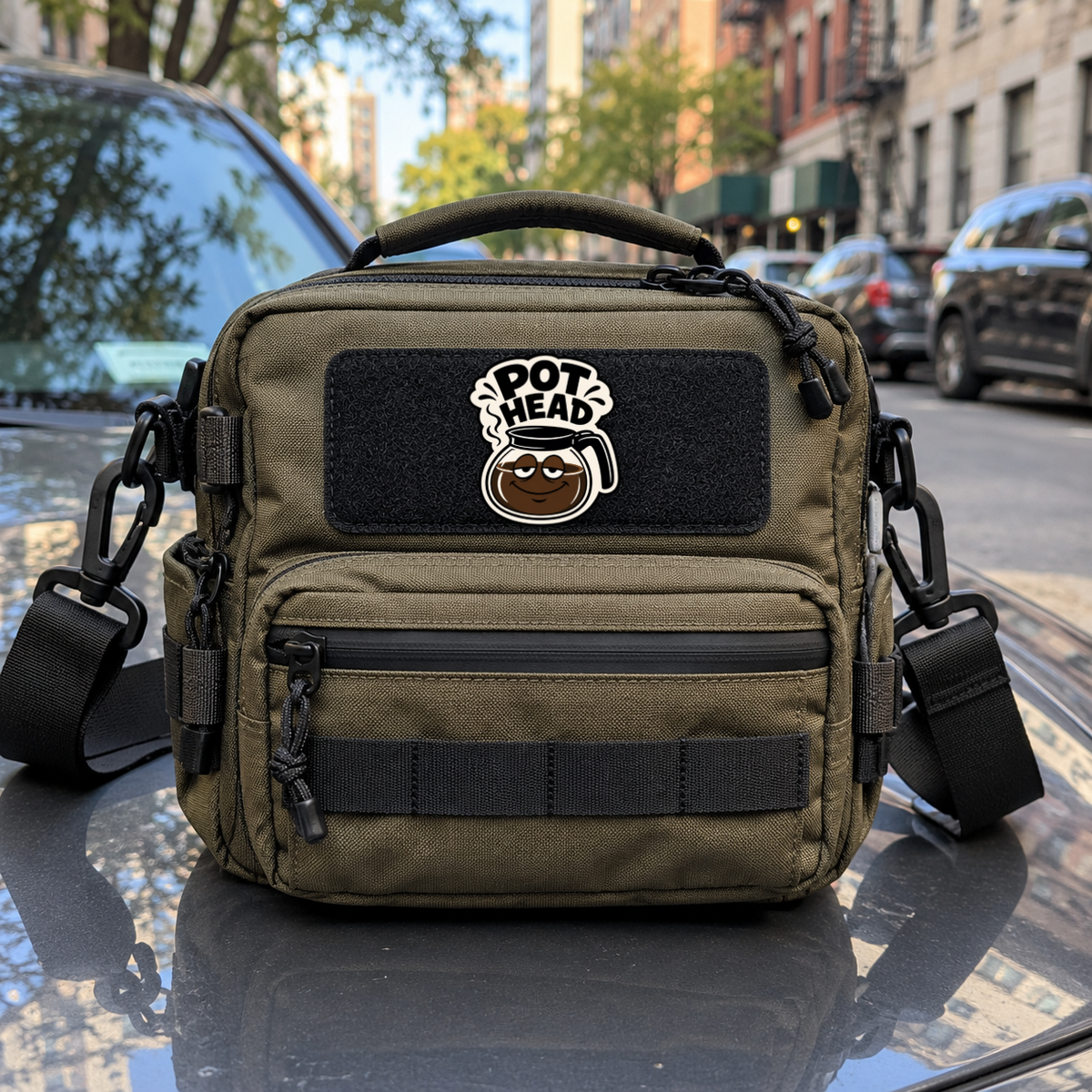 Pot Head Coffee Pot – Leatherette Morale Patch — in use
