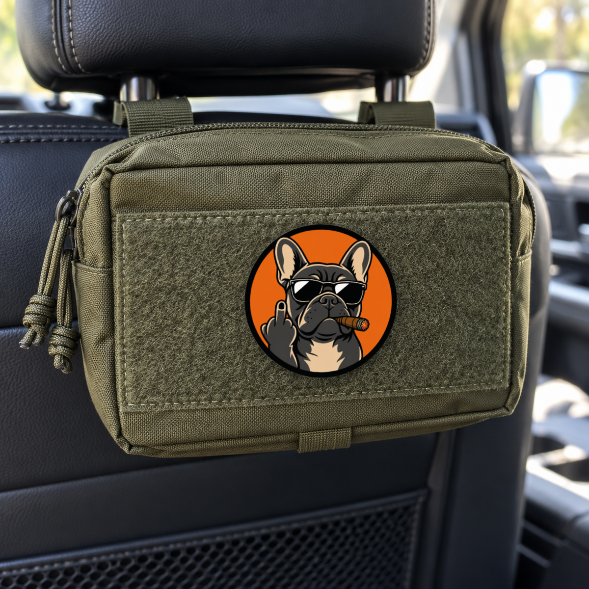 Cigar Frenchie Doesn't Care – Leatherette Morale Patch — in use