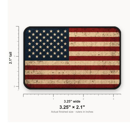 Distressed US Flag – Leatherette Morale Patch — size guide