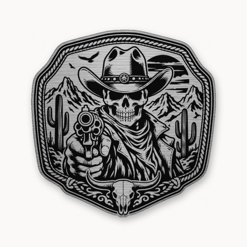 Western Skull Cowboy Revolver Buckle – Leatherette Morale Patch — Silver