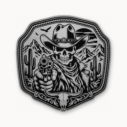 Western Skull Cowboy Revolver Buckle – Leatherette Morale Patch — Silver
