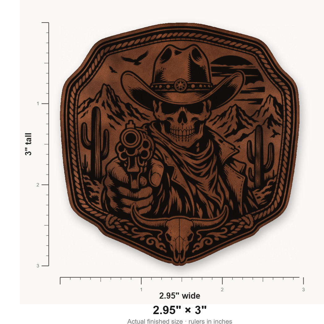 Western Skull Cowboy Revolver Buckle – Leatherette Morale Patch — size guide