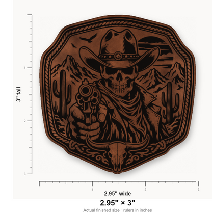 Western Skull Cowboy Revolver Buckle – Leatherette Morale Patch — size guide