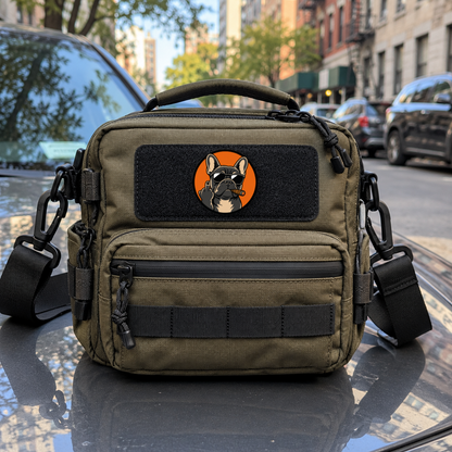 Cigar Frenchie Doesn't Care – Leatherette Morale Patch — in use
